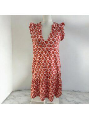 BODEN Orange White Ruffle Sleeve Dress Size 6 Long